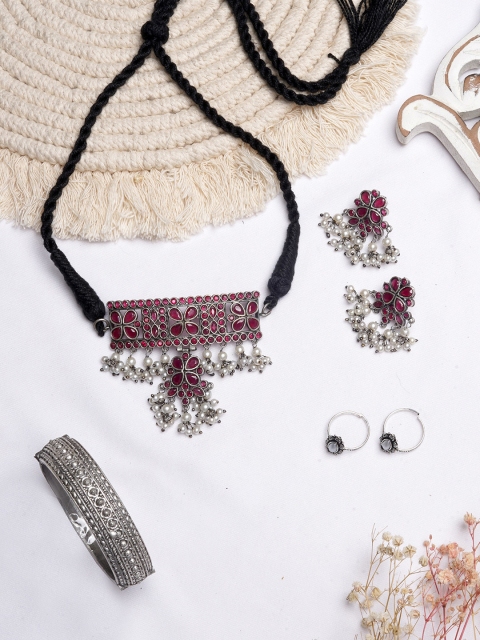 

TEEJH Oxidised Silver-Toned & Red Stone-Studded Jewellery Set