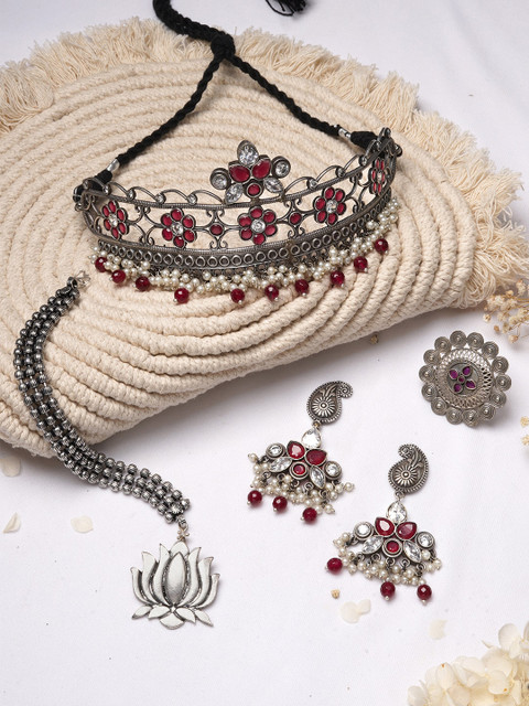 

TEEJH Oxidised Silver-Toned & Red Stone-Studded & Beaded Madhusal Jewellery Set