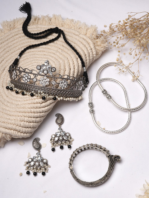 

TEEJH Silver Toned & White Stone Studded Oxidised Jewellery Set