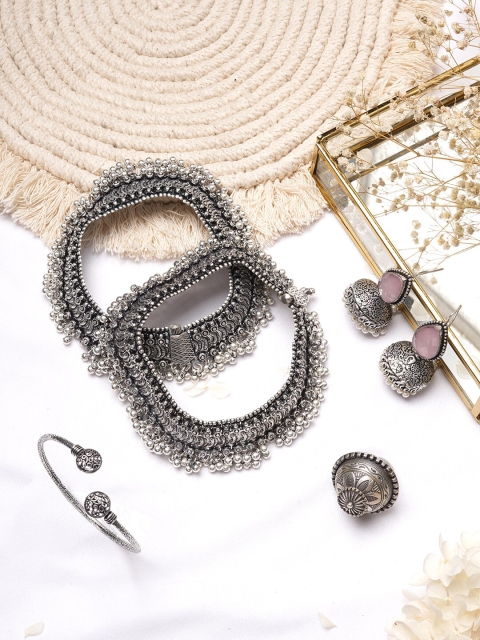 

TEEJH Oxidised Silver-Toned Pink Stone-Studded Jewellery Set