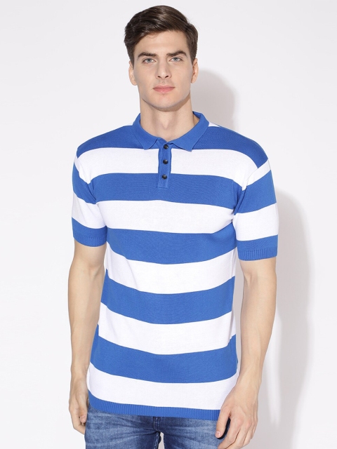 

V2 Value & Variety Men Blue & White Striped Monochrome Polo Collar T-shirt