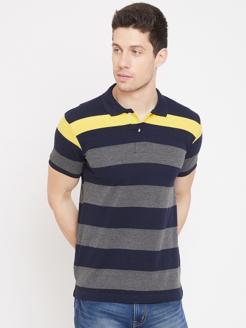 

THE MILLION CLUB Men Grey & Navy Blue Striped Polo Collar T-shirt