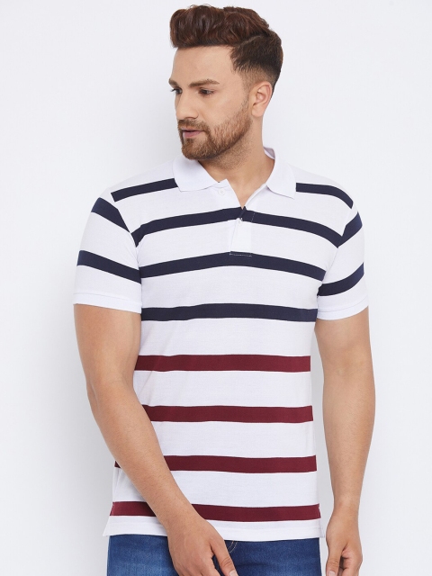 

THE MILLION CLUB Men White & Navy Blue Striped Polo Collar T-shirt