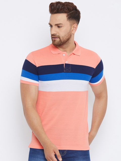 

THE MILLION CLUB Men Peach-Coloured Striped Polo Collar T-shirt