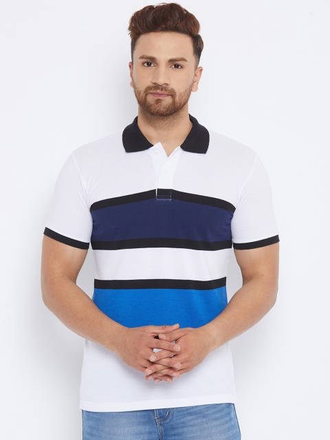 

THE MILLION CLUB Men White & Blue Striped Polo Collar T-shirt