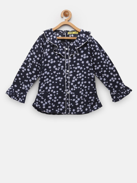 

NYNSH Girls Navy Blue & White Floral Print Ruffles Shirt Style Top