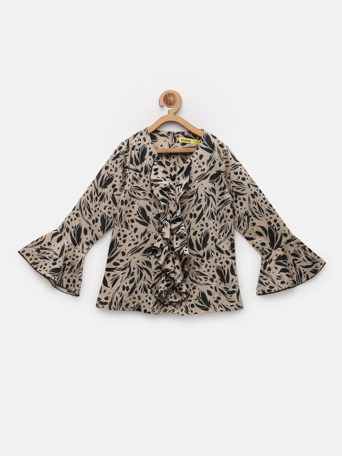 

NYNSH Girls Beige & Black Print Ruffles Shirt Style Top