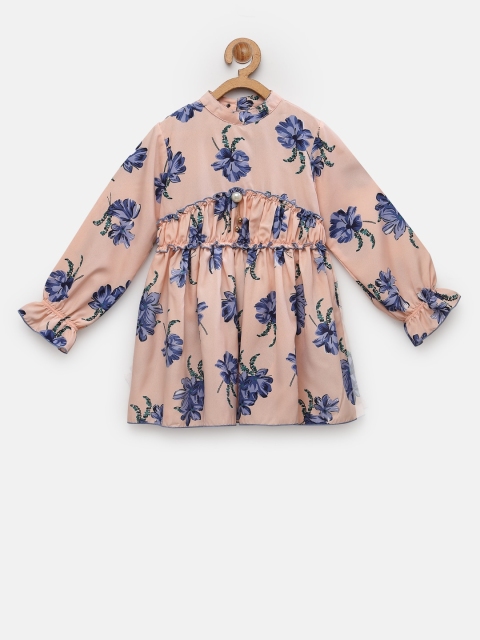 

NYNSH Girls Peach & Blue Floral Printed Fit & Flare Dress