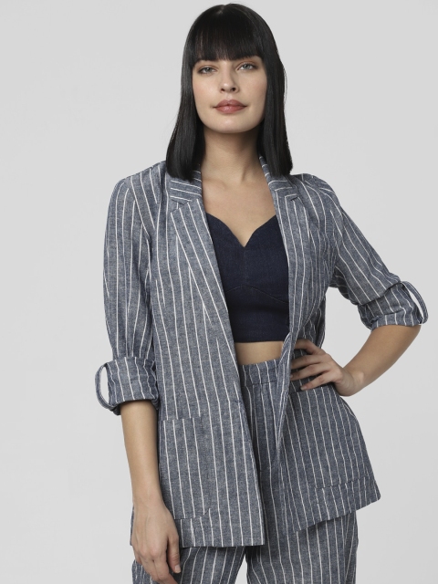 

Vero Moda Women Blue & White Vertical Stripes Single-Breasted Regular Fit Casual Blazer