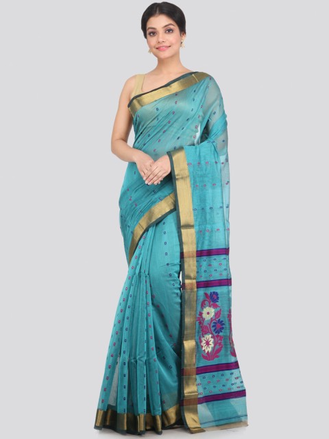 

PinkLoom Blue & Gold-Toned Woven Design Zari Border Saree