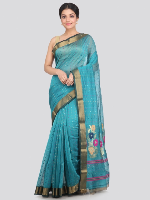 

PinkLoom Blue & Gold-Toned Floral Zari Saree