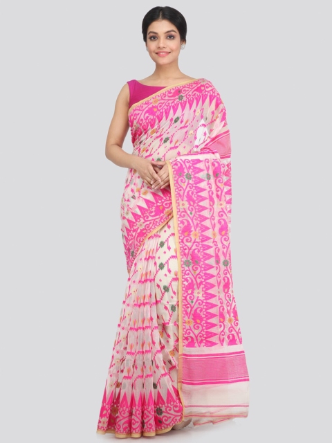 

PinkLoom Beige & Pink Floral Pure Cotton Jamdani Saree