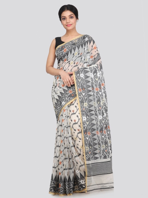 

PinkLoom White & Grey Floral Pure Cotton Jamdani Saree