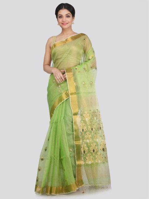 

PinkLoom Lime Green & Gold-Coloured Ethnic Motifs Zari Silk Blend Saree