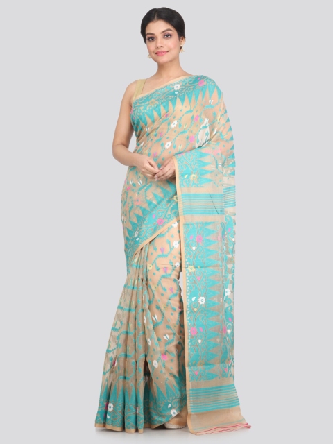 

PinkLoom Beige & Blue Floral Pure Cotton Jamdani Saree