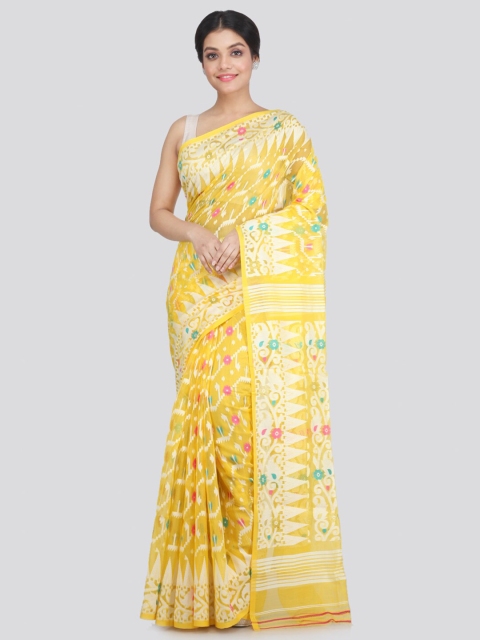 

PinkLoom Yellow & Silver-Coloured Floral Zari Pure Cotton Jamdani Saree