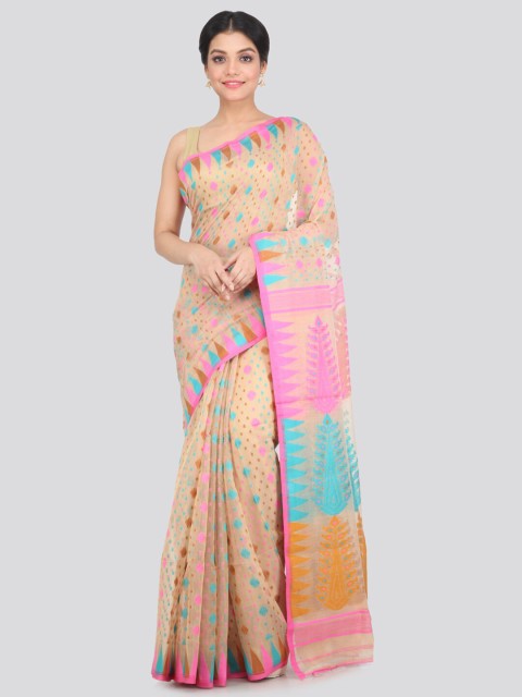 

PinkLoom Beige & Pink Woven Design Pure Cotton Jamdani Saree