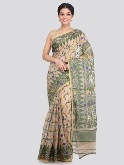 

PinkLoom Beige & Green Floral Pure Cotton Jamdani Saree
