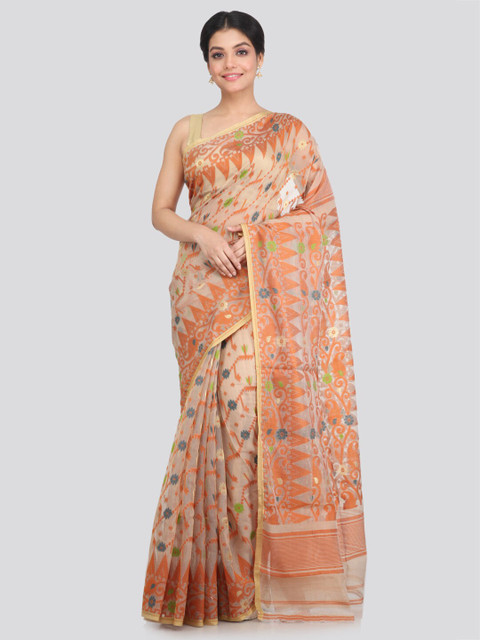 

PinkLoom Beige & Rust Floral Zari Pure Cotton Jamdani Saree