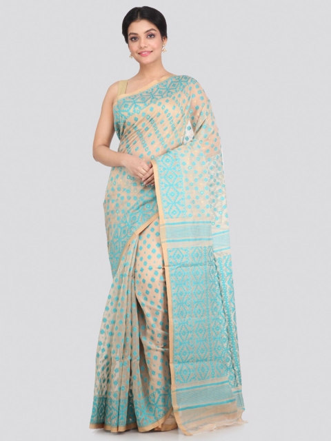 

PinkLoom Beige & Turquoise Blue Ethnic Motifs Pure Cotton Jamdani Saree