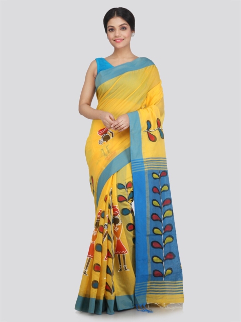 

PinkLoom Yellow & Blue Floral Pure Cotton Saree