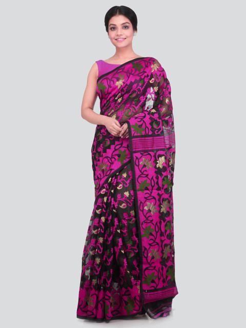 

PinkLoom Black & Pink Floral Pure Cotton Jamdani Saree