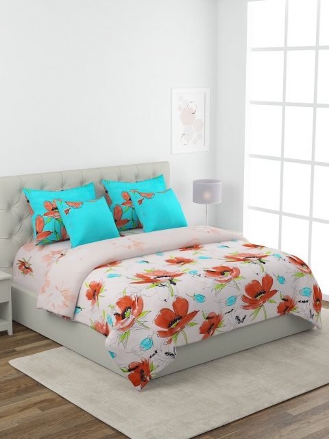 

ROMEE White & Turquoise Blue Floral Printed Double King Bedding Set with AC Comforter