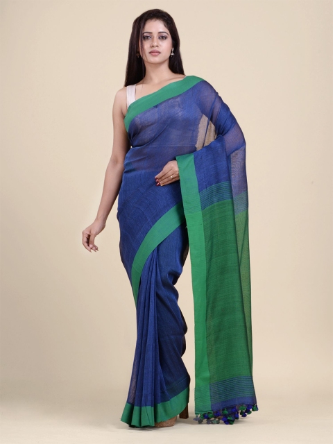 

Charukriti Blue & Green Pure Linen Saree