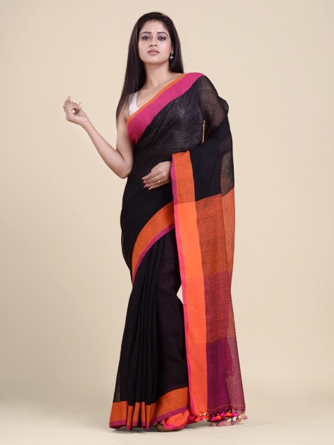 

Charukriti Black & Orange Handwoven Pure Linen Saree