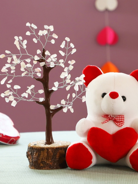 

Ferns N Petals White & Red Rose Quartz Wish Tree & Teddy Bear Showpieces