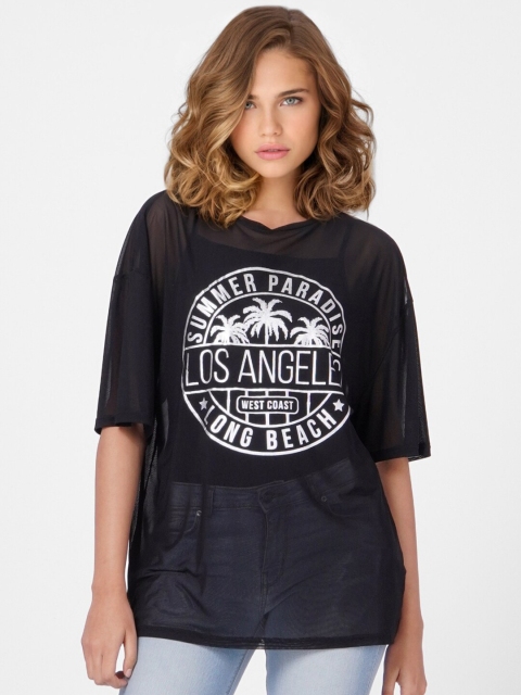 

ONLY Woman Black Typography Printed Applique Slim Fit T-shirt