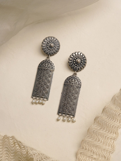 

TEEJH Silver-Plated Oxidised Geometric Drop Earrings
