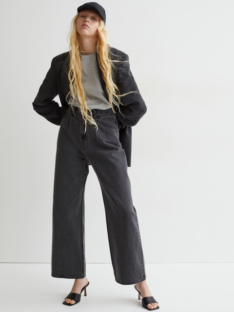 

H&M Women Black Cotton Wide High Jeans