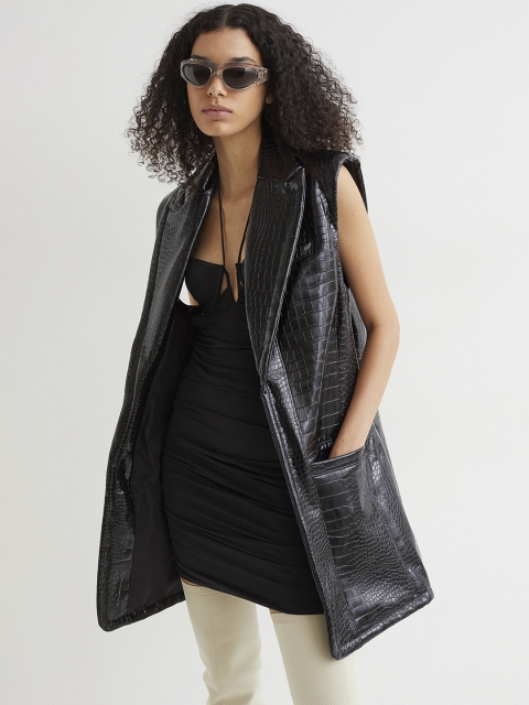 

H&M Women Black Self Design Long Vegan Leather Gilet