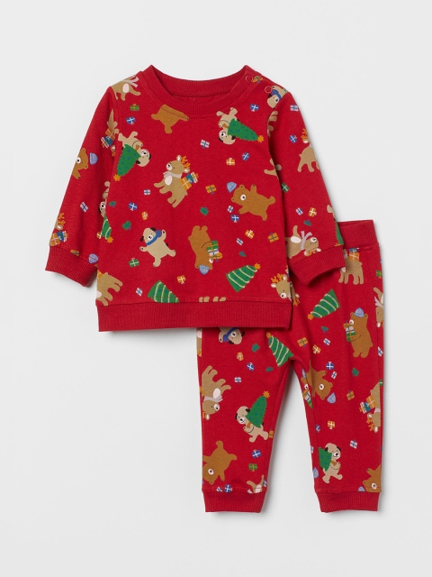 

H&M Boys Red And Green Pure Cotton Printed Jersey Set