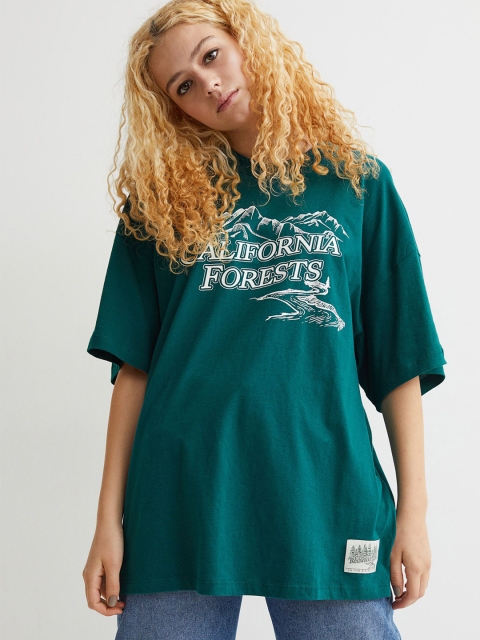 

H&M Women Green Oversized printed T-shirt