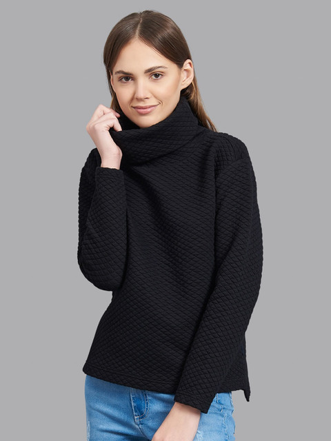 

Beverly Hills Polo Club Women Black Self-Design Quilted Sweatshirt with Drop-Shoulders