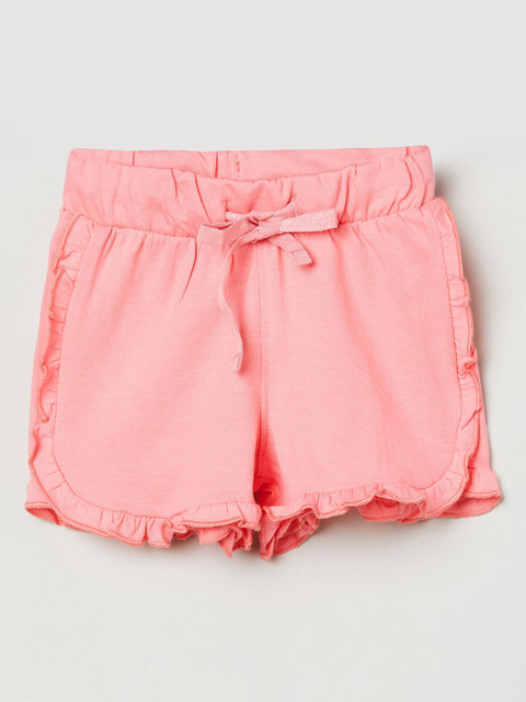 

max Girls Coral Pink Solid Cotton Shorts