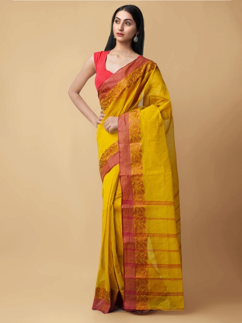 

Unnati Silks Women Pure Handloom Sustainable Bengal Tant Cotton Saree, Yellow