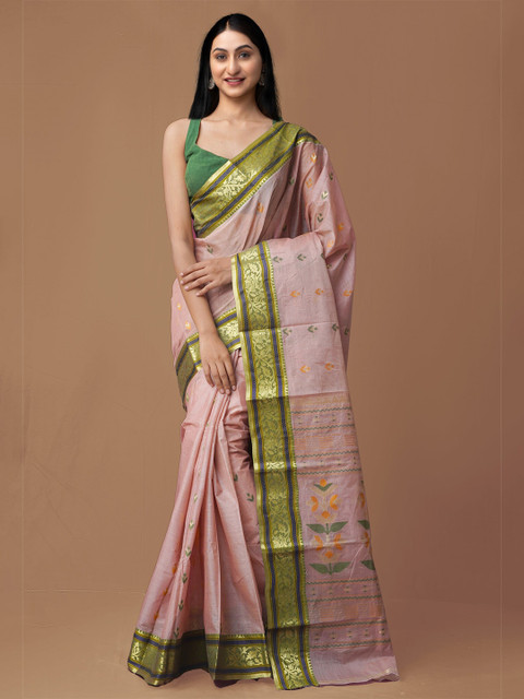 

Unnati Silks Women Peach & Green Pure Handloom Sustainable Bengal Silk Saree