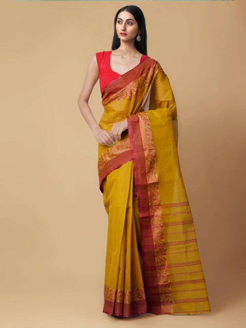 

Unnati Silks Women Brown & Mustard Pure Handloom Sustainable Bengal Tant Cotton Saree