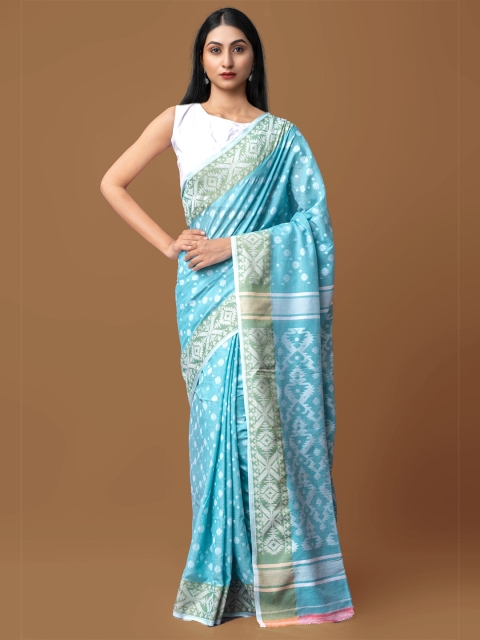 

Unnati Silks Women Turquoise Blue Pure Handloom Sustainable Bengal Silk Saree