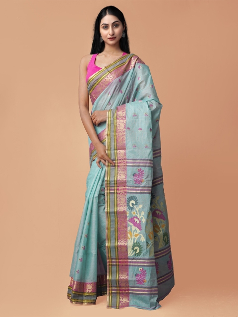 

Unnati Silks Turquoise Blue & Fuchsia Ethnic Motifs Zari Pure Silk Jamdani Saree