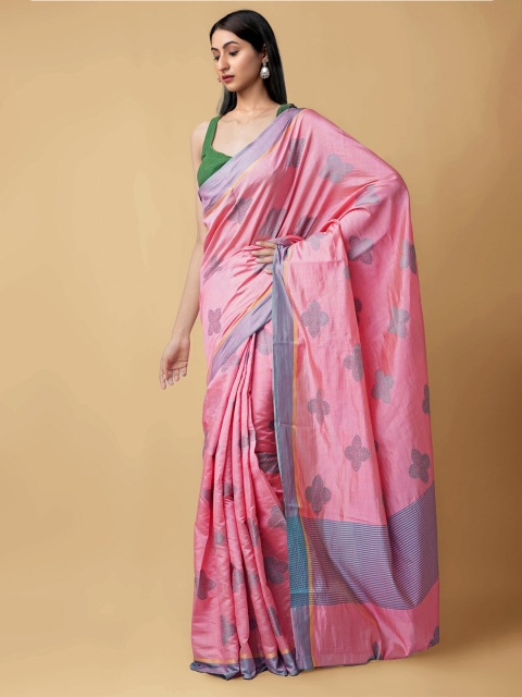 

Unnati Silks Pink Ethnic Motifs Woven Design Kanjivaram Silk Cotton Saree