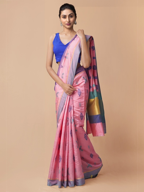 

Unnati Silks Pink & Blue Ethnic Motifs Zari Silk Cotton Kanjeevaram Saree