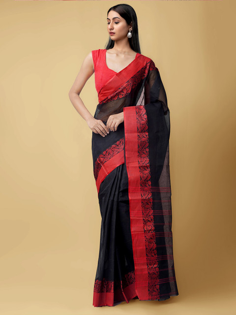 

Unnati Silks Black & Red Woven Design Pure Cotton Taant Saree