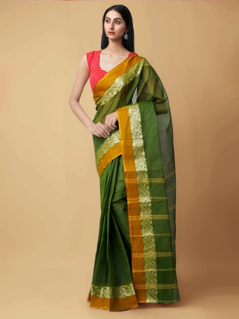 

Unnati Silks Green Woven Design Pure Handloom Sustainable Bengal Tant Cotton Saree