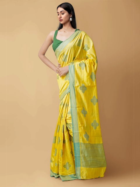 

Unnati Silks Yellow & Green Ethnic Motifs Zari Silk Cotton Kanjeevaram Saree