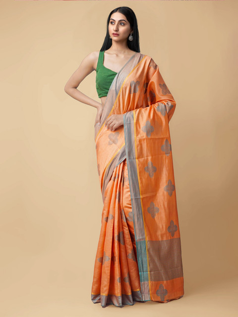 

Unnati Silks Orange Ethnic Motifs Woven Design Kanjivaram Silk Cotton Saree