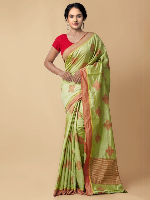

Unnati Silks Green & Brown Ethnic Motifs Silk Cotton Kanjeevaram Saree